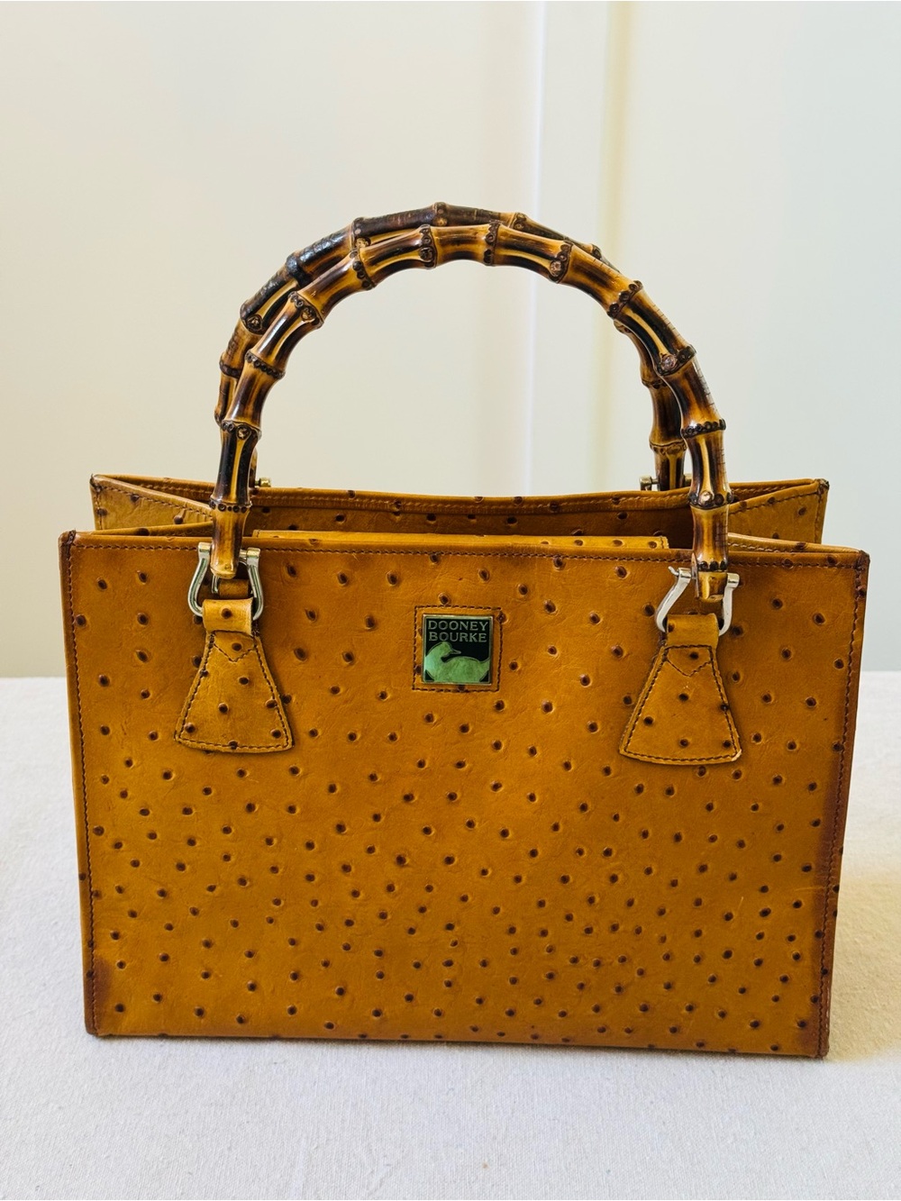 Dooney & Bourke Honey Ostrich-Embossed Leather Tote with Bamboo Handles